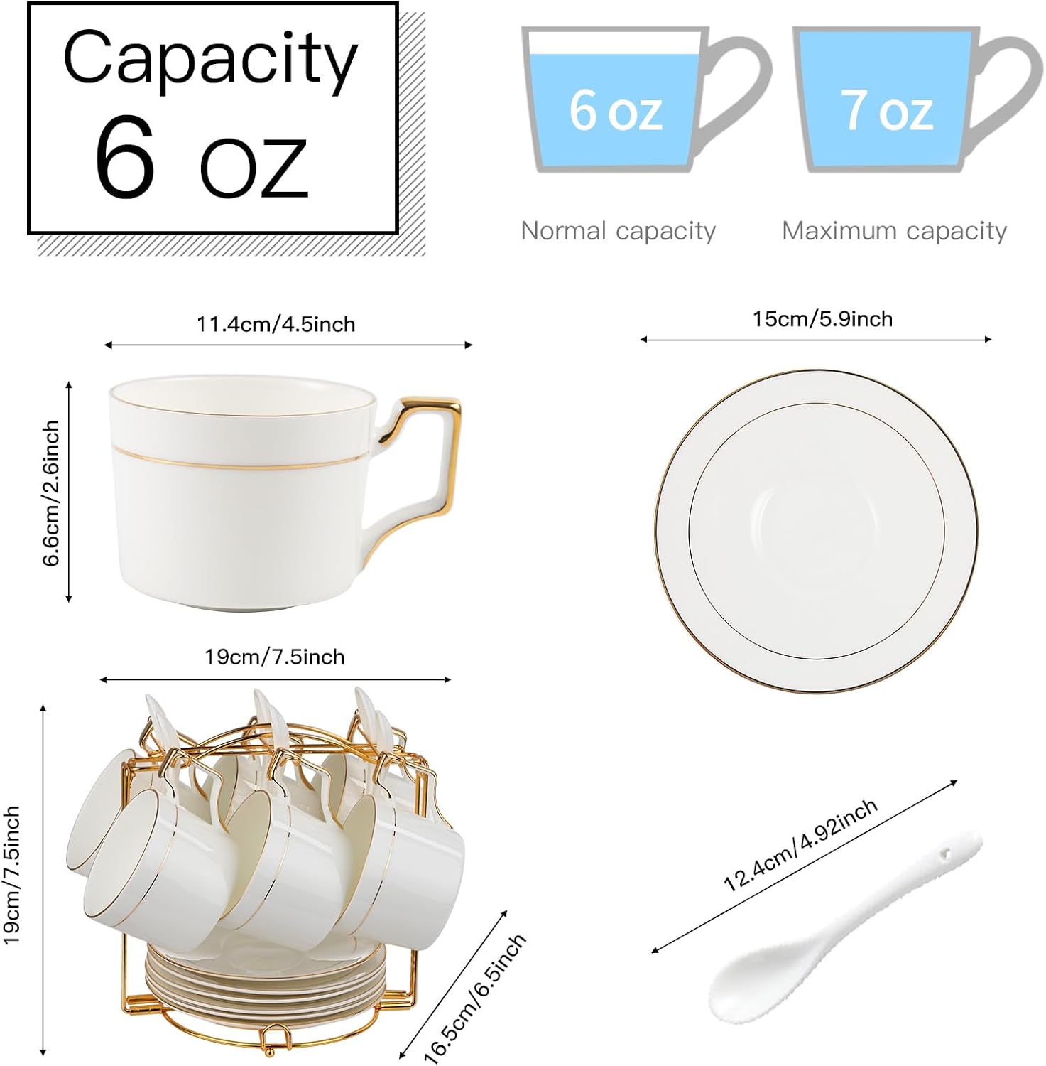 6oz Porcelain Cappuccino Cup with Saucers and Metal Stand, Coffee Cups Set of 6, Espresso Cup Gold Trim, Spoon, for Latte, Americano, Tea, Demitasse Cups White