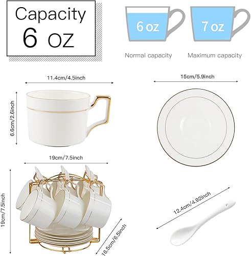 Miniatura 3 de CHILDIKE Tazas y platillos de café Bone China, juego de té de porcelana de estilo europeo, juego de 6 tazas de té de cerámica con ribete dorado, 8