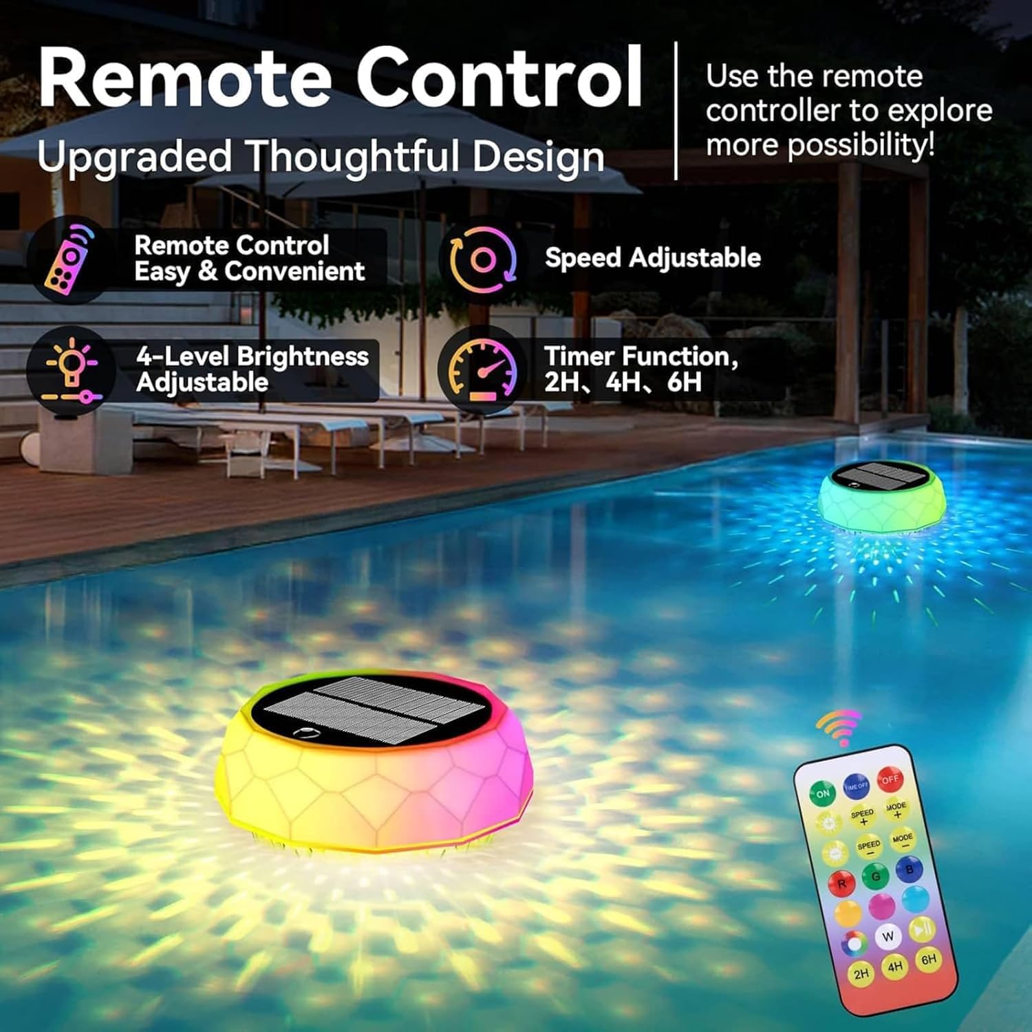 Joycome Poolbeleuchtung Solar Teich Deko, Pool Lichter Unterwasser mit Fernbedienung, Dimmbar Farbwechselnde Schwimmende Poollampe Wasserdicht Floating Pool Lights für Whirlpool Badewanne Garten