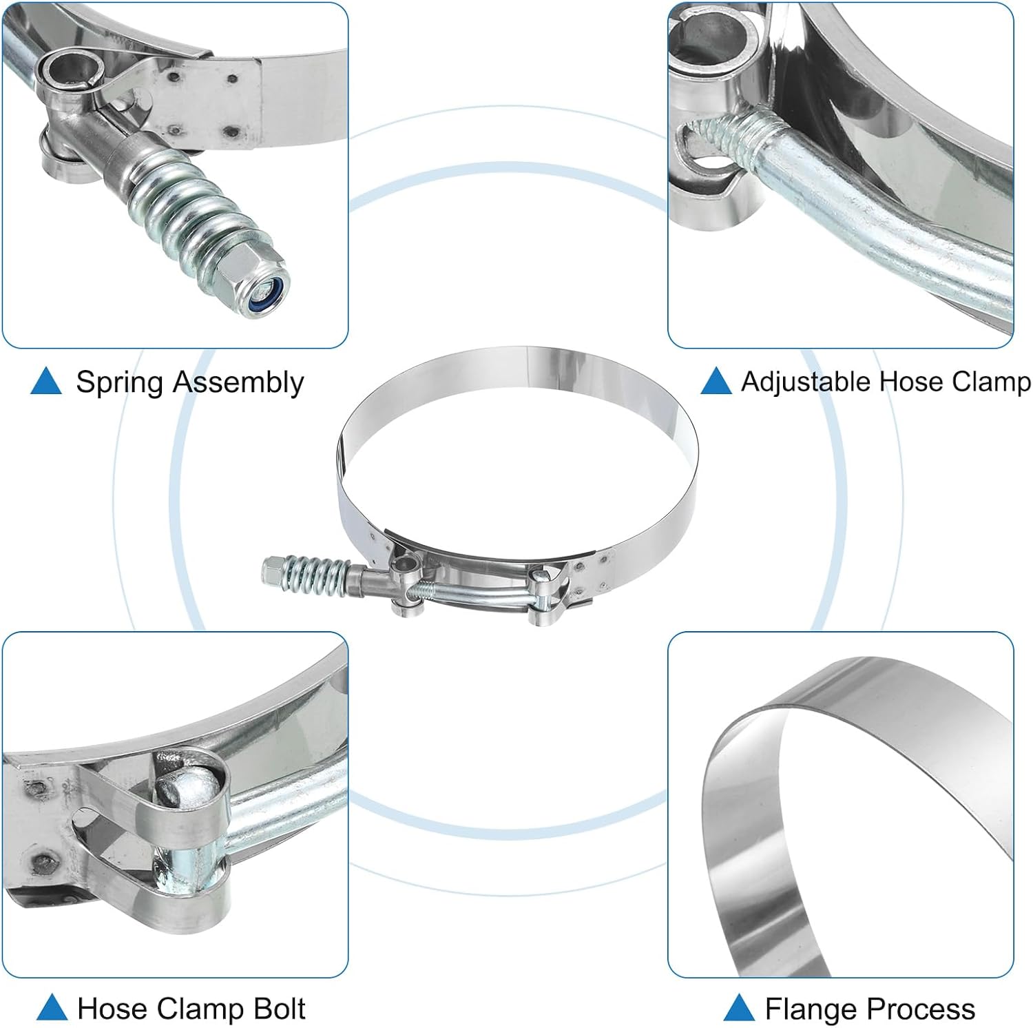 uxcell 4Pcs T-Bolt Hose Clamp, 4.8"-5.08"(121-129mm) Spring Loaded Stainless Steel Intake Intercooler Hose Clamps for Intercooler Clamp Tube
