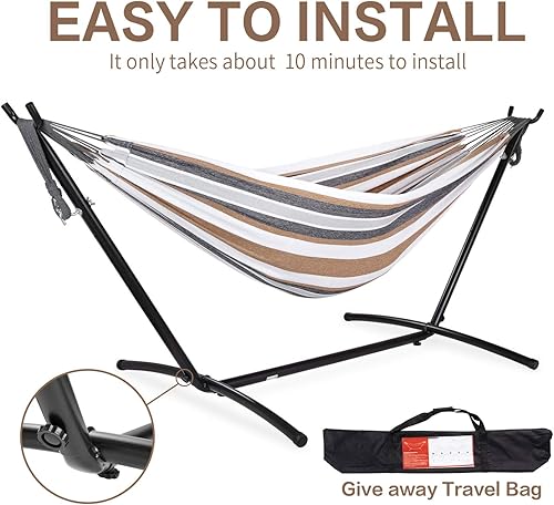 Miniatura 6 de PNAEUT Double Hammocks with Stand for Outside, Portable Space Saving Heavy-Duty Steel Stand for Indoor Outdoor Patio with Carrying Bag, 450 lbs Café