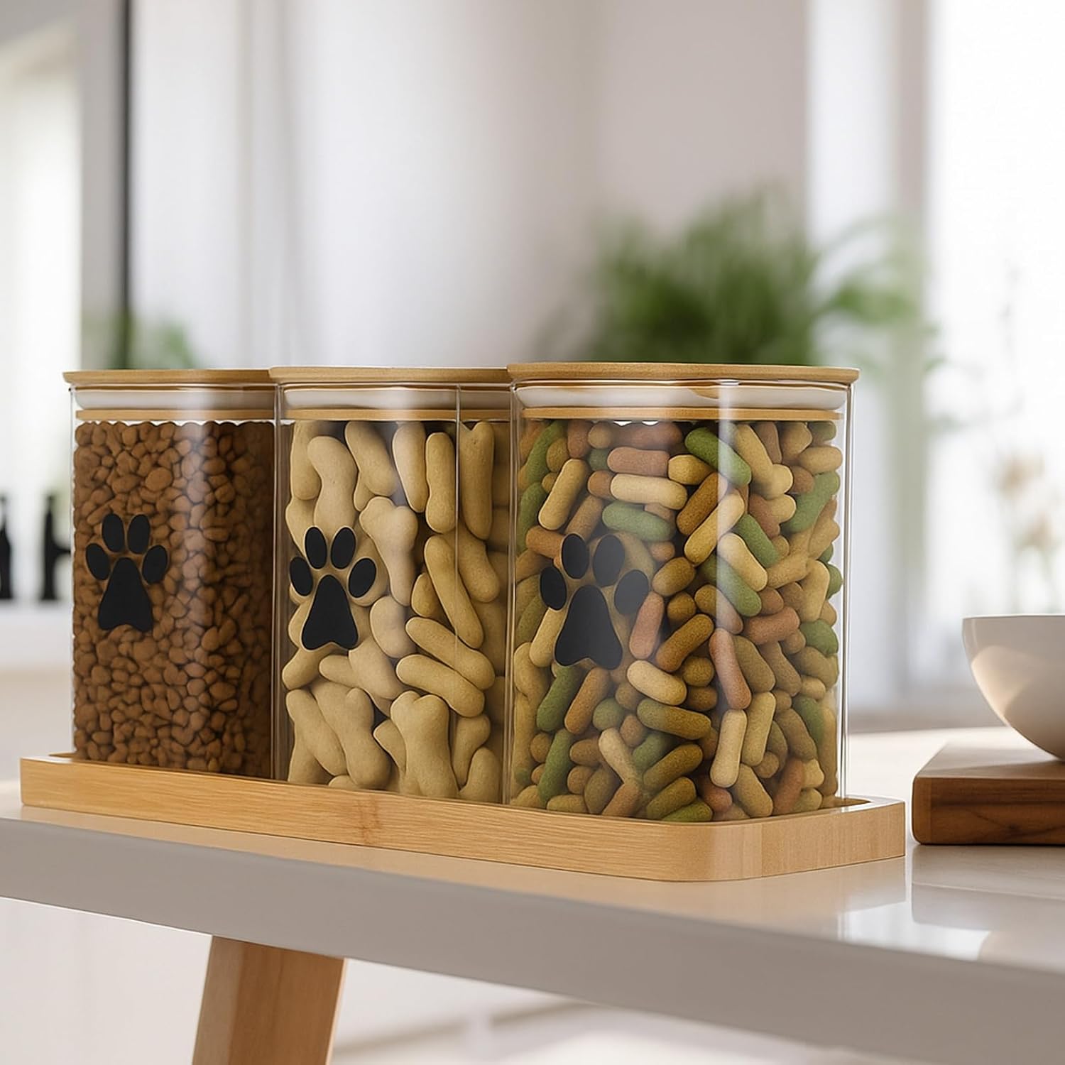 Honeydak Dog Treat Container for Countertop 37oz Airtight Glass Dog Food Storage Container Set with Bamboo Lids Pet Food Organizer with Scoops, Labels, Pen
