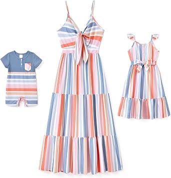 IFFEI Family Matching Outfits Mommy and Me Dresses Spaghetti Strap Stripe Print Summer Casual Dresses