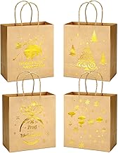 LIHAO 8 x Gift Bags Christmas Gold Christmas Bags Paper Bags with Handle Gift Bags Kraft Paper Christmas Gift Packaging - Christmas Tree and Ball Pattern (A)