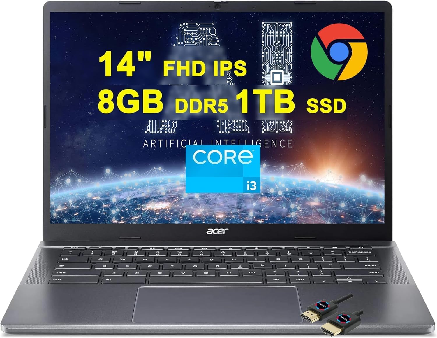 acer Chromebook Plus 514 Google AI Laptop | 14" FHD IPS Multi-Touch Display | Intel Octa-core i3-N305 | 8GB DDR5 1TB SSD | USB-C Free Google AI/2TB Loud Storage for 1-Year Grey + HDMI Cable