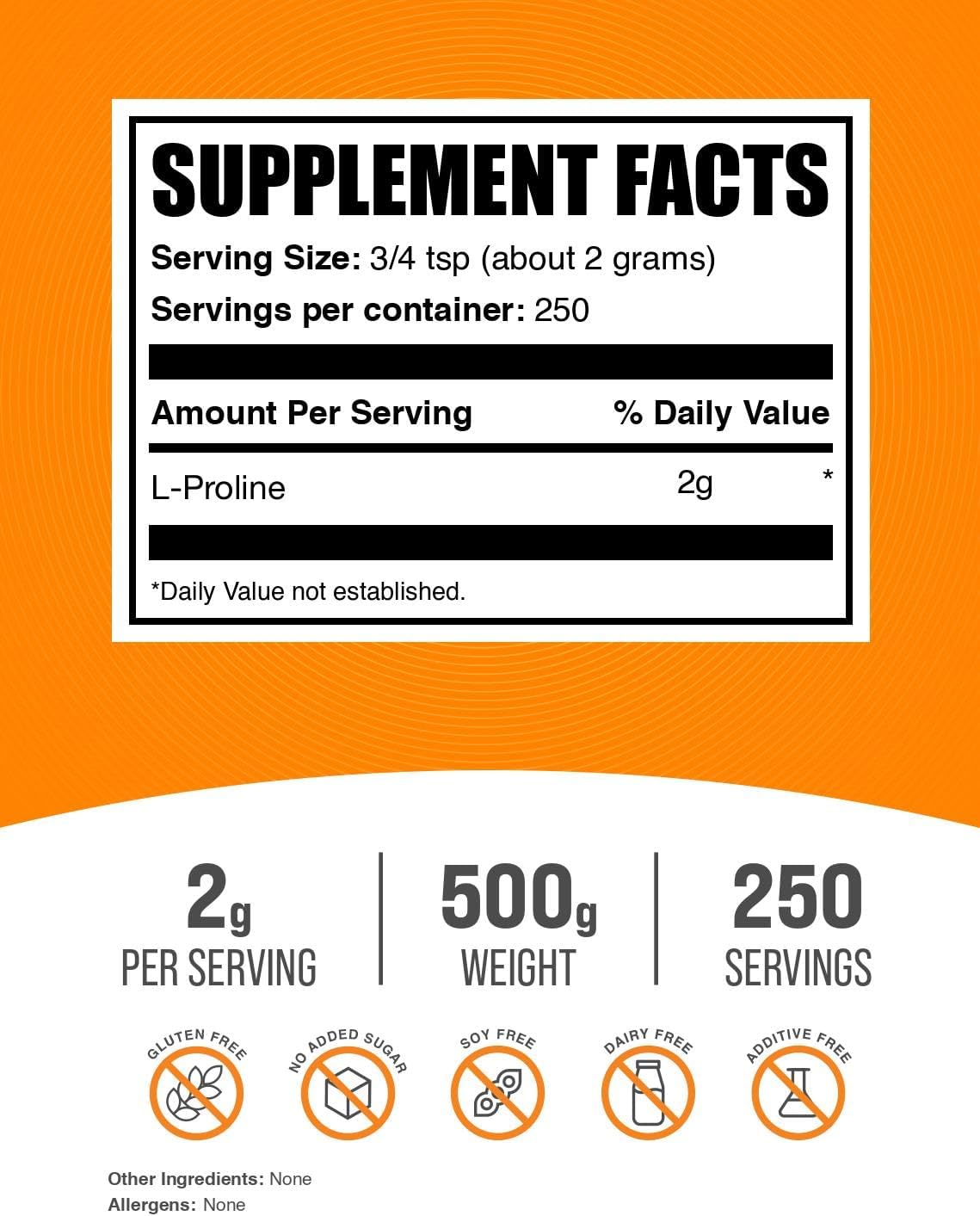 BulkSupplements.com L-Proline Powder - Proline Supplements, Amino Acid Powder - Unflavored & Gluten Free, 2g per Serving, 500g (1.1 lbs) (Pack of 1)