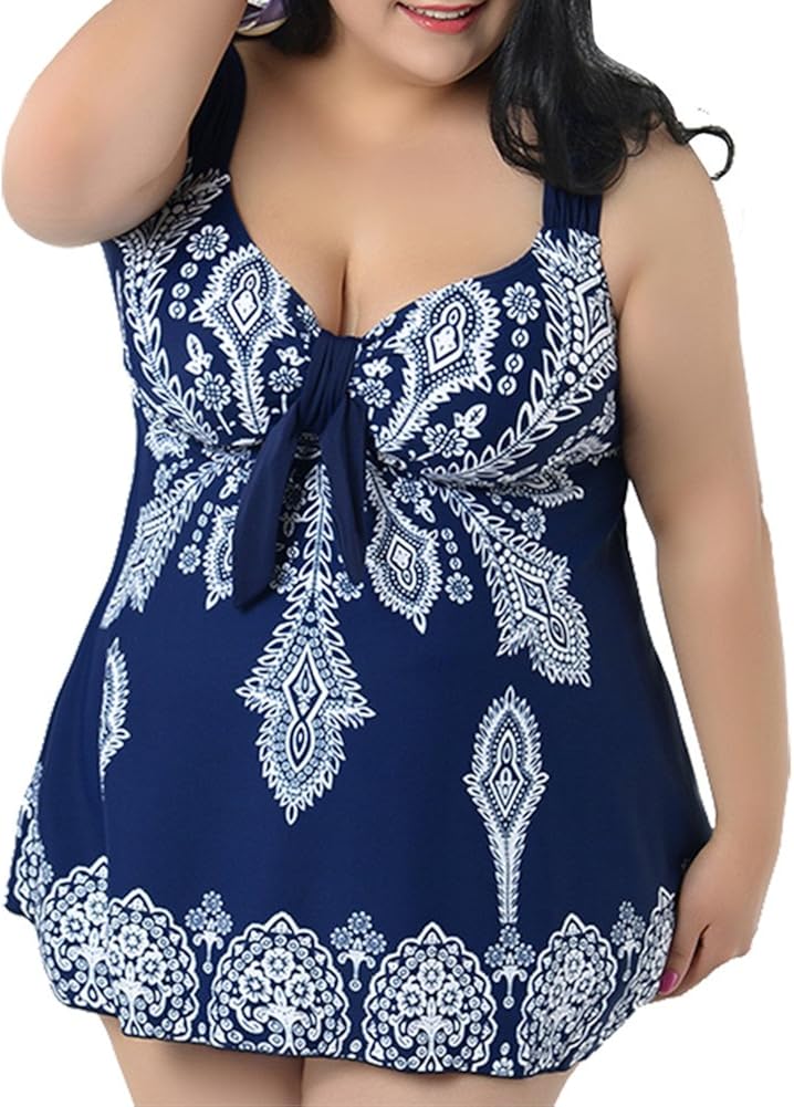 Nonwe Women's Plus-Size Swimsuit Retro Print Two Piece Pin up Tankini Swimwear