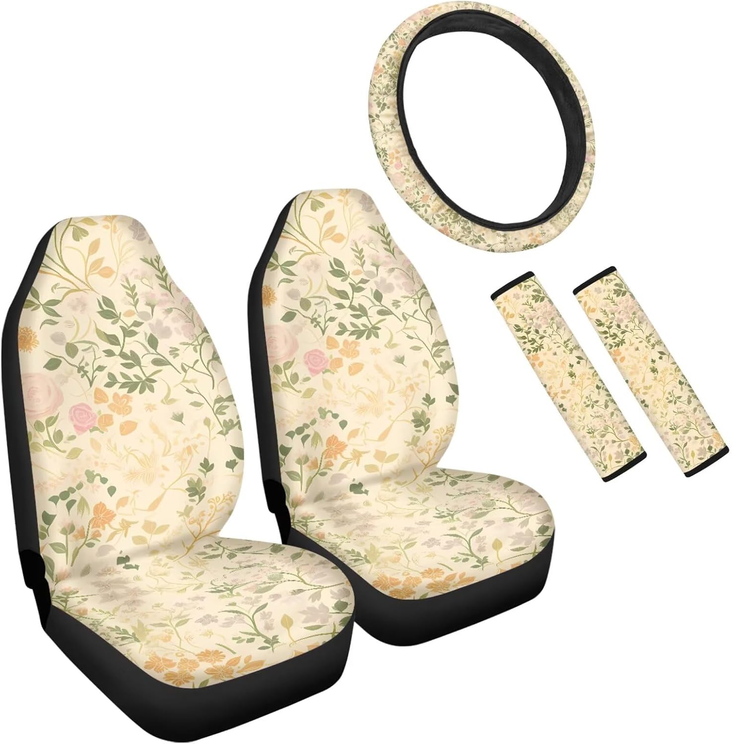 Cartoon Lemon Floral Print Universal Car Seat Covers of 5 Pcs Set Cute Yellow Lemons Steering Wheel Cover Front Seat Cover Universal Automotive Interior Covers