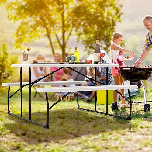Miniatura 2 de Tangkula Mesa de picnic plegable con 2 bancos, juego de mesa de campamento de metal para exteriores con textura de plástico similar a la madera y