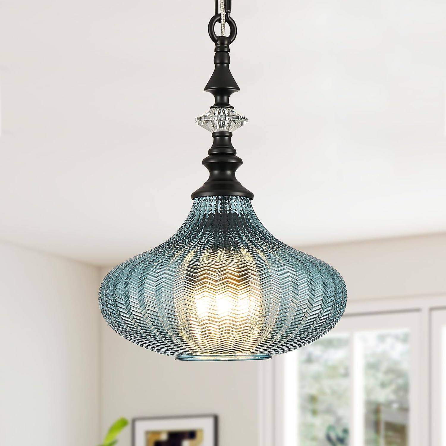 3-Light Chandelier,Black Farmhouse Pendant Light Fixture for Kitchen,Adjustable Hanging Lighting with Blue Glass Shade for Hallway Bedroom Entryway Dining Room Island