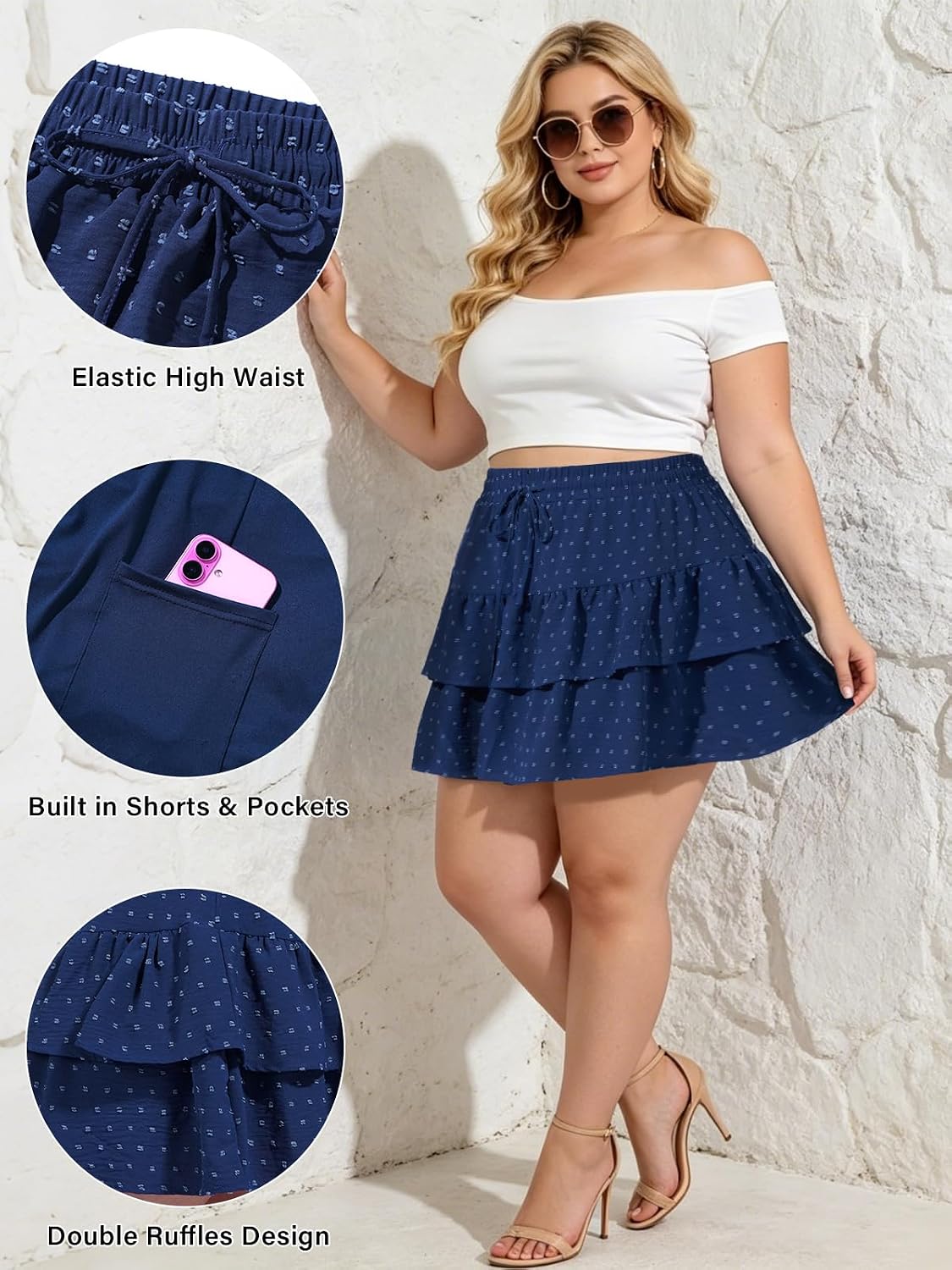 Moon Wood Women's Plus Size Tiered Mini Skorts Boho High Waisted Ruffle Shorts Flowy Summer Beach Skirt with Pockets