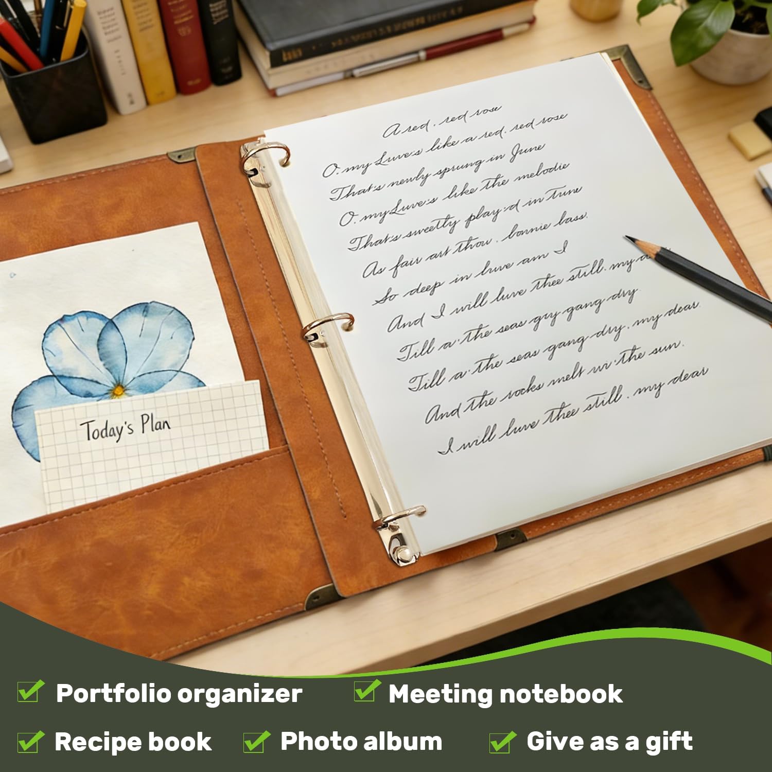 3 Ring Binder 1 Inch - Fits 8.5"x11" Letter Size Paper with Inside Pockets, Round Ring Binder Holds 200 Sheets, Vintage Notebook Cover Loose Leaf Organizer for Photo Album, Recipe, Gardening Plans