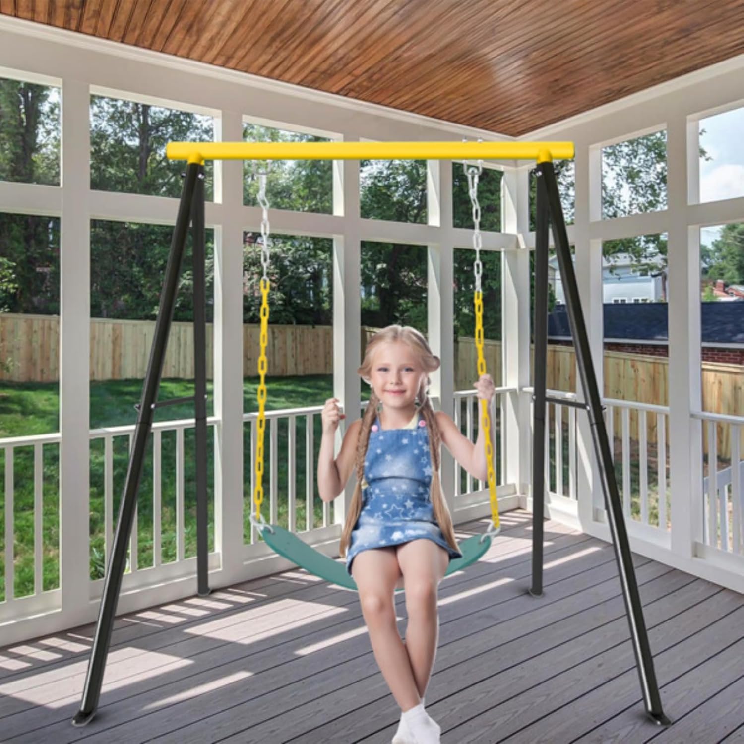 Porch Swing Set, Outdoor Swing, Heavy Duty A-Frame Swing Set, Pre-Drilled Holes, Easy Installation, 550-lb Weight Capacity, Backyard Outdoor Indoor, Yellow and Black