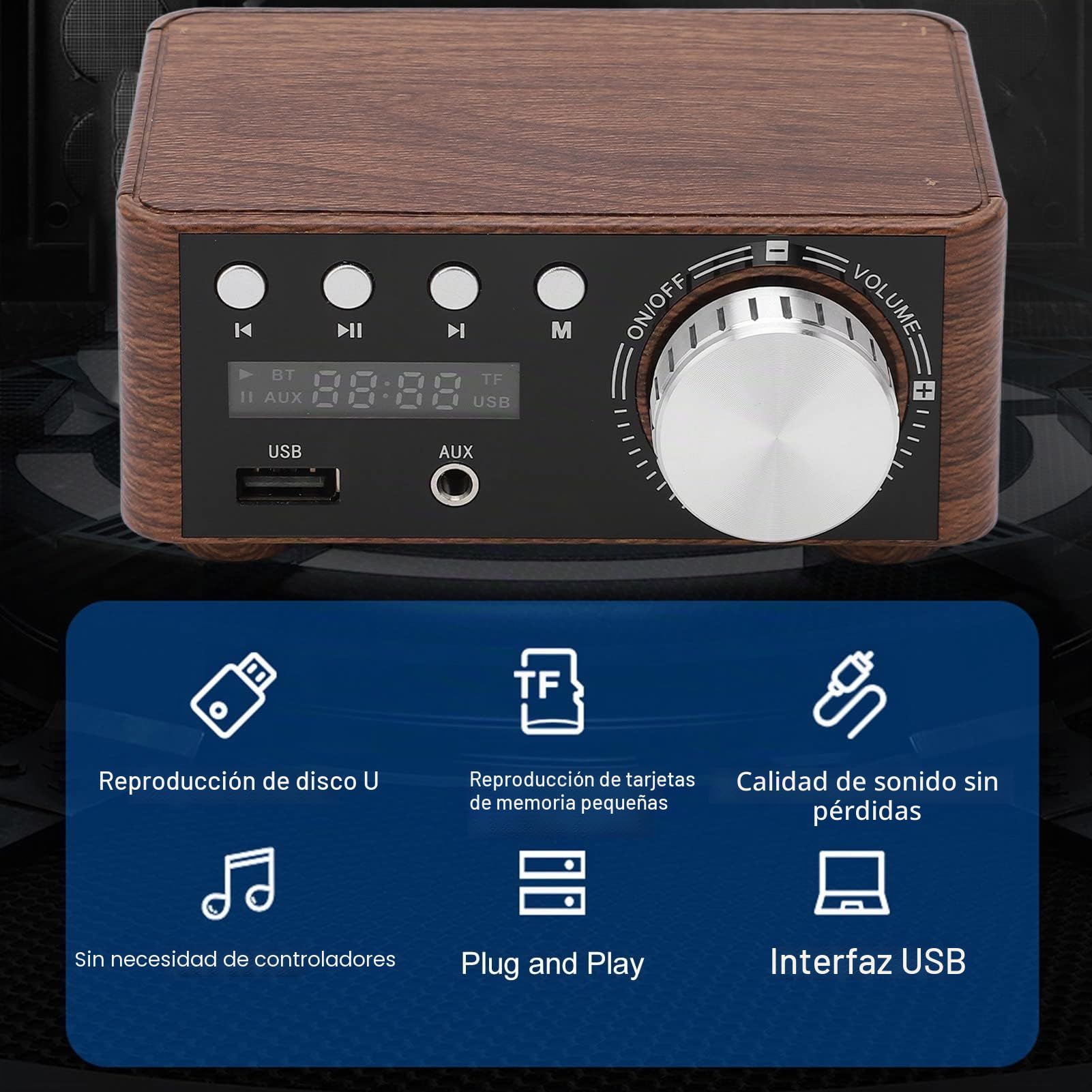 Generic Mini Amplificador de Potencia Bluetooth 5,0, Grano de Madera Resistente, Doble Canal de 50W X 2 para Componentes de Cine en Casa