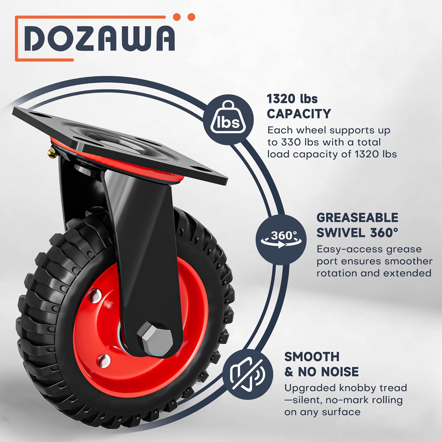 6 Inch Caster Wheels Set of 4 (2 Swivel & 2 Fixed), Heavy Duty Rubber Casters with Knobby Tread for All-Terrain Use, 1320 lb Capacity, Smooth Rolling Wheels for Workbench, Cart, Dolly, Chicken Coop