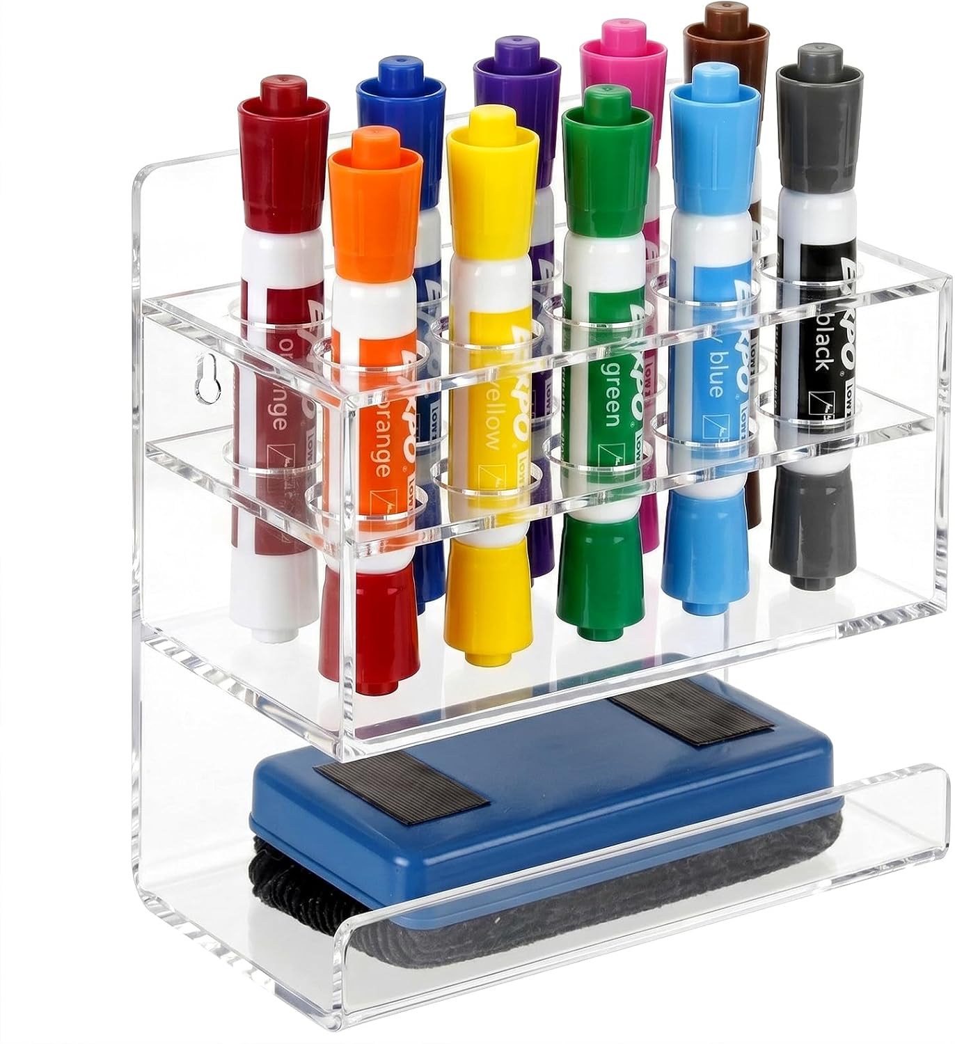 MyGift Wall Mounted Premium Black Acrylic Dry Erase Marker Holder with 16 Slots for Marker Pens and Eraser Storage Tray Whiteboard Accessories Rack for Home Office School Dorm