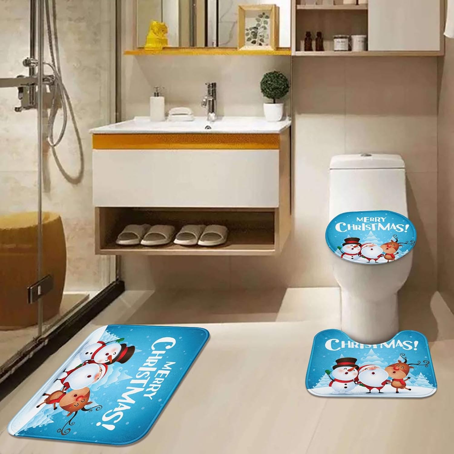 ArtSocket Christmas Bathroom Rug Set of 3 Blue Santa Snowman Elk No Silp Washable