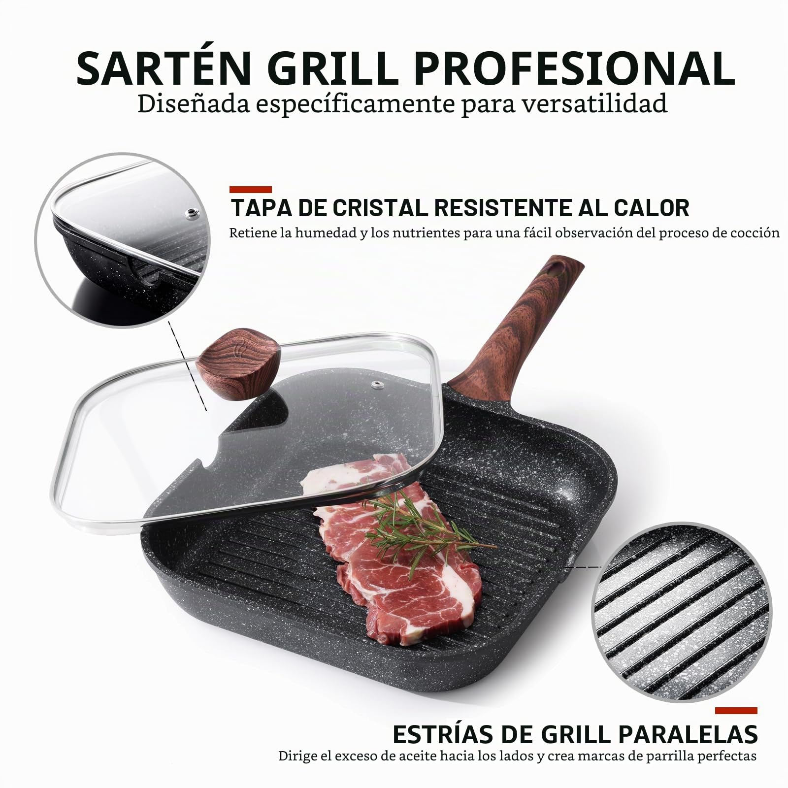 Kordisen Sartén antiadherente con tapa para estufas, sartén cuadrada de 28 cm para cocinar en interiores, sartén con revestimiento de granito con boquillas de vertido, plancha versátil