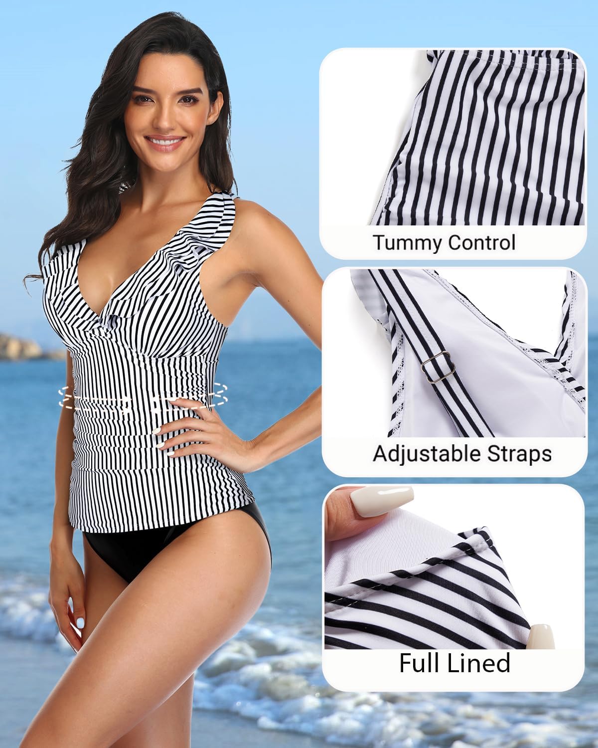 Ruffle V Neck Tankini Top Only Women Tummy Control Swimsuit Tank Top