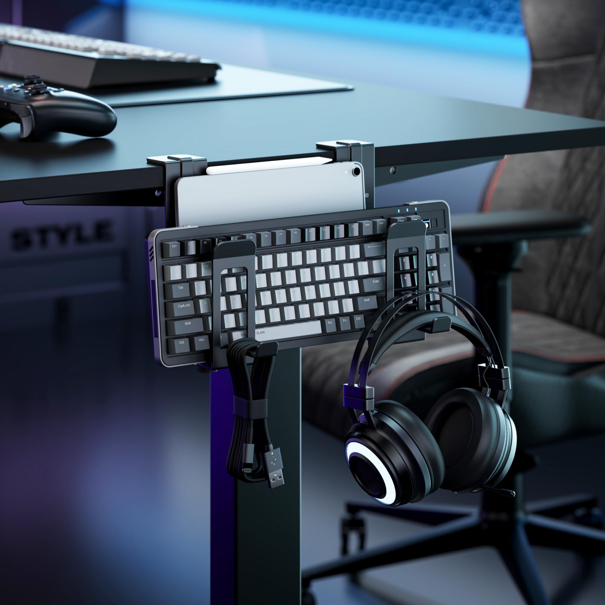 PEGZONE Supporto per laptop verticale, 2 slot sotto la scrivania, supporto per laptop, portaoggetti laterale da scrivania con supporto per cuffie, organizer per laptop per giochi in ufficio, nero