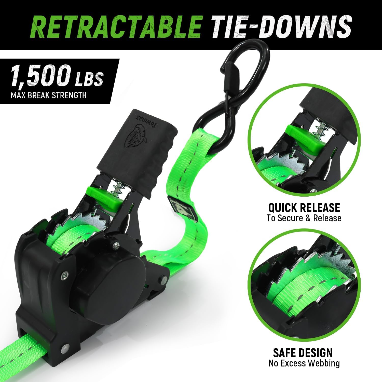 Retractable Ratchet Straps(4 Pack) - 1in x 10ft Self Retracting Ratchet Straps with Soft Loops, 1,500 lbs Break Strength Retractable Tie Down Straps, Easy Retract for Motorcyle, Cargo, Truck, Trailer - Image 2