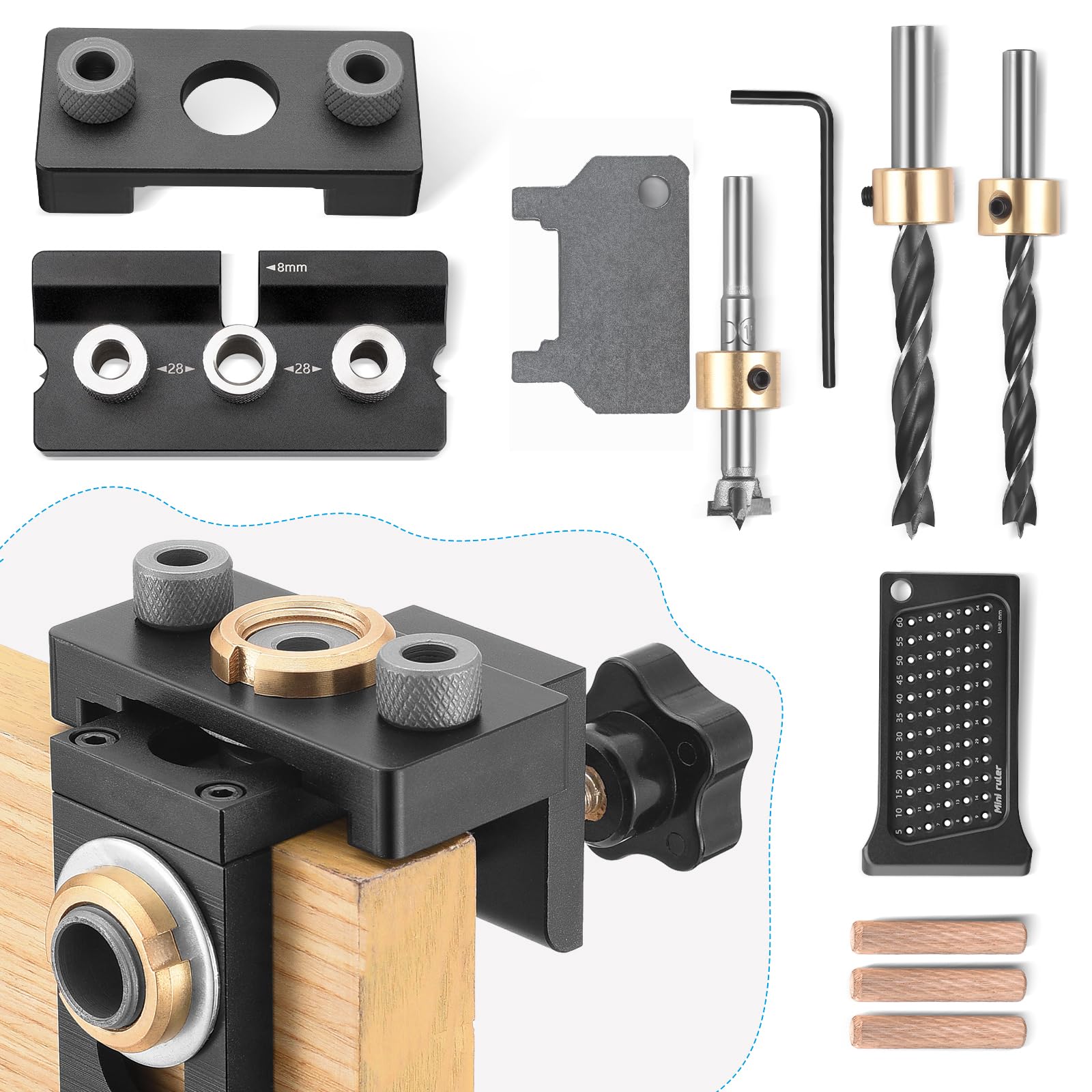 Kit de Plantilla de Clavija 3 en 1 8/10/15 mm, Guía de Perforación Ajustable con Clip de Posicionamiento, Localizador de Punzón para Carpintería