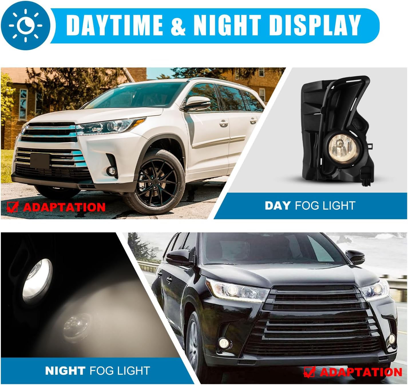 CPW OEM Fog Lights Assembly Fit For 2017 2018 2019 Toyota Highlander, Driver & Passenger Driving Fog Lamps w/ H11 12V55W Halogen Bulbs + Wiring + Switch (Black Housing Clear Lens)