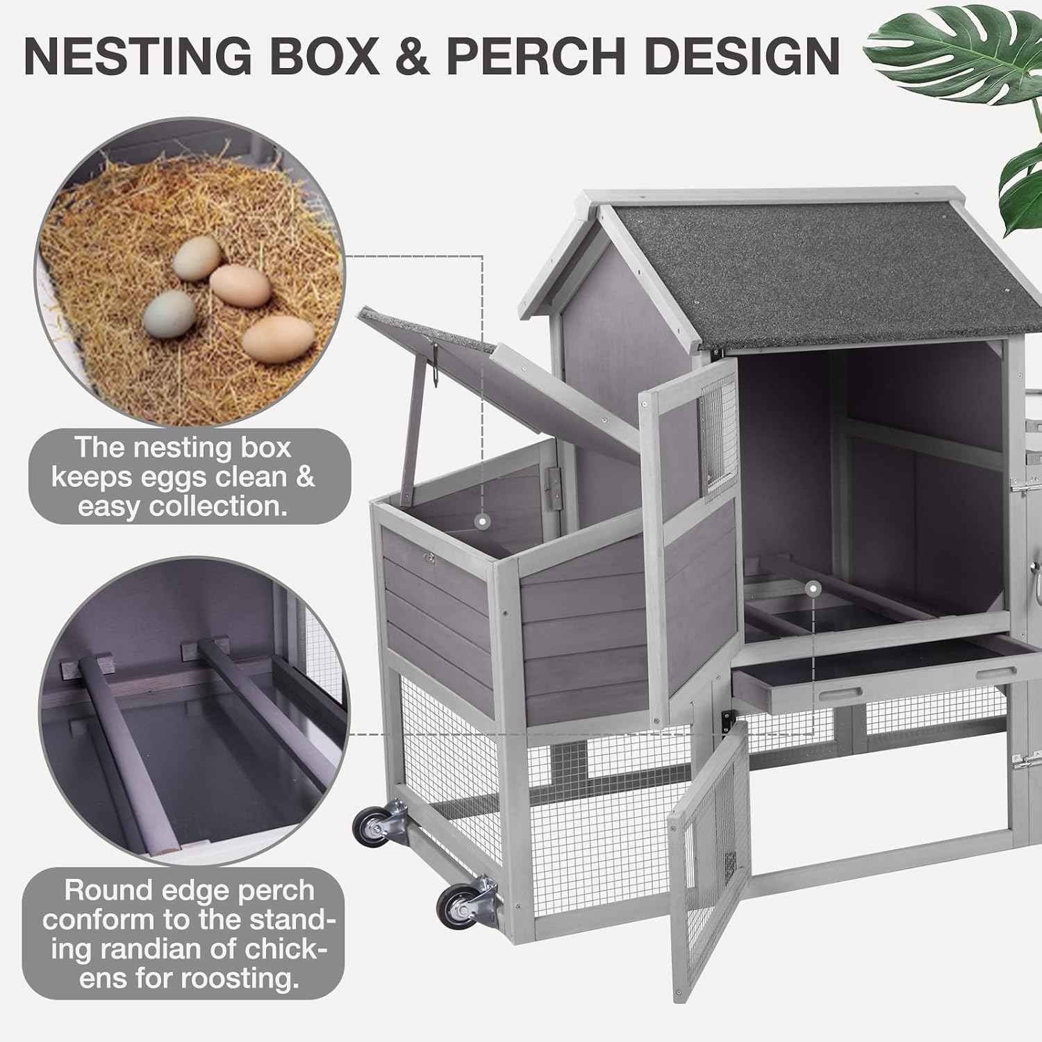 Large Chicken Coop Expandable Chicken House for Outdoor with Wheels, Nest Box, Leakproof Pull-on Tray and UV-Resistant Roof Panel