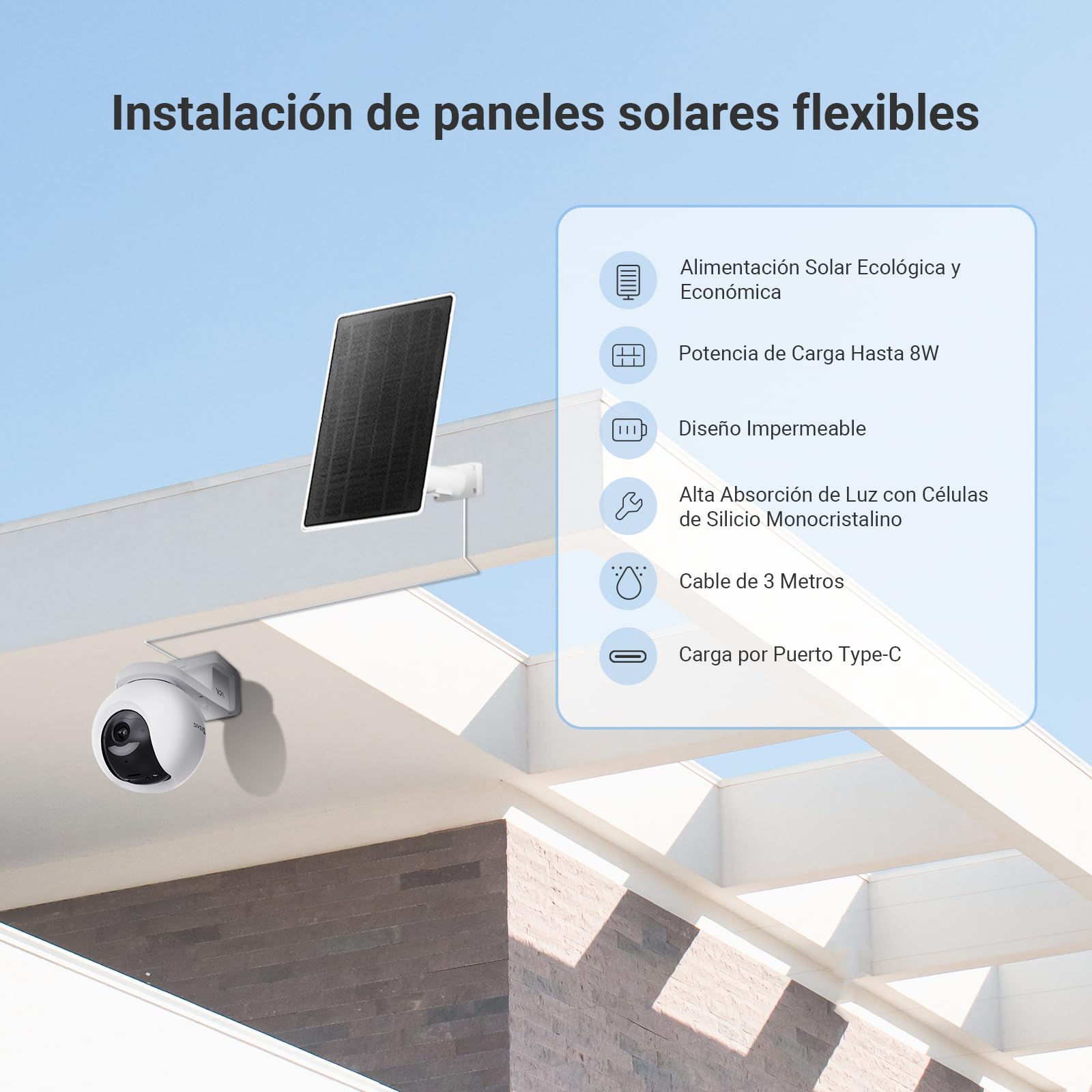 EZVIZ Panel Solar Fuente de Alimentación con Puerto Tipo C, para Cámaras Vigilancia WiFi Exterior con Batería, Impermeable, Montaje Ajustable, 8W, Fuente de Alimentación Continua (con Cable de 3m)