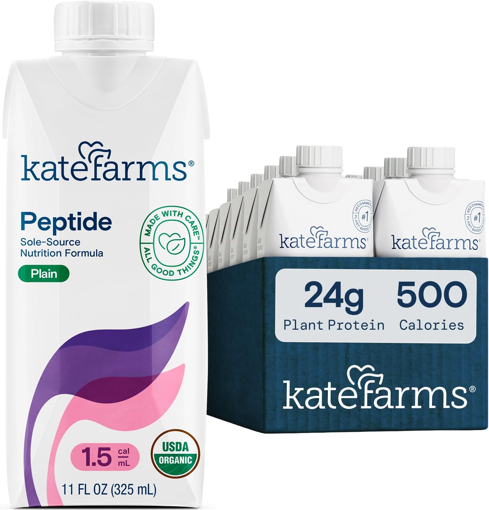 KATE FARMS Organic Adult Peptide 1.5 Formula, Plain, Sole-Source, Hydrolyzed Plant-Based Nutrition for Oral or Tube Feeding, 11 Fl oz (12 Pack)