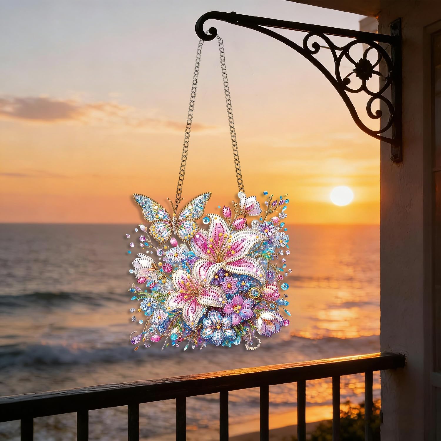 LPDJITO DIY Hanging Diamond Art Pendant Kit Flowers Butterflies, Special Crystal Diamonds Painting Ornament for Adults, 5D Diamond Art Suncatchers Double Sided Board Gem Painting Kit
