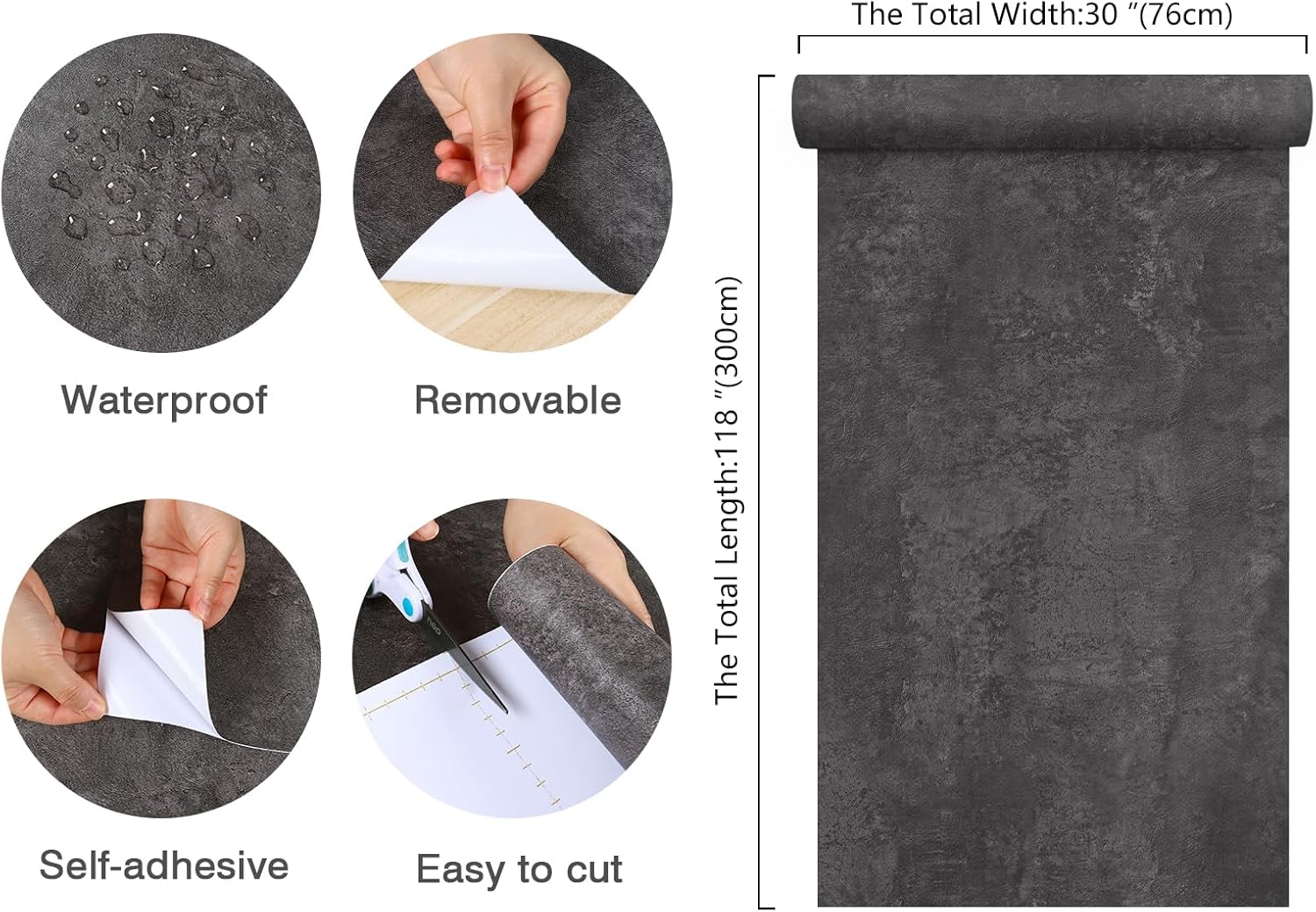 CHIHUT Extra Wide 30”x118” Dark Grey Faux Concrete Contact Paper Peel and Stick Self Adhesive Thick Waterproof Industrial Wallpaper Matte Textured Vinyl Wallpaper for Living Room Kitchen Cabinets Wall