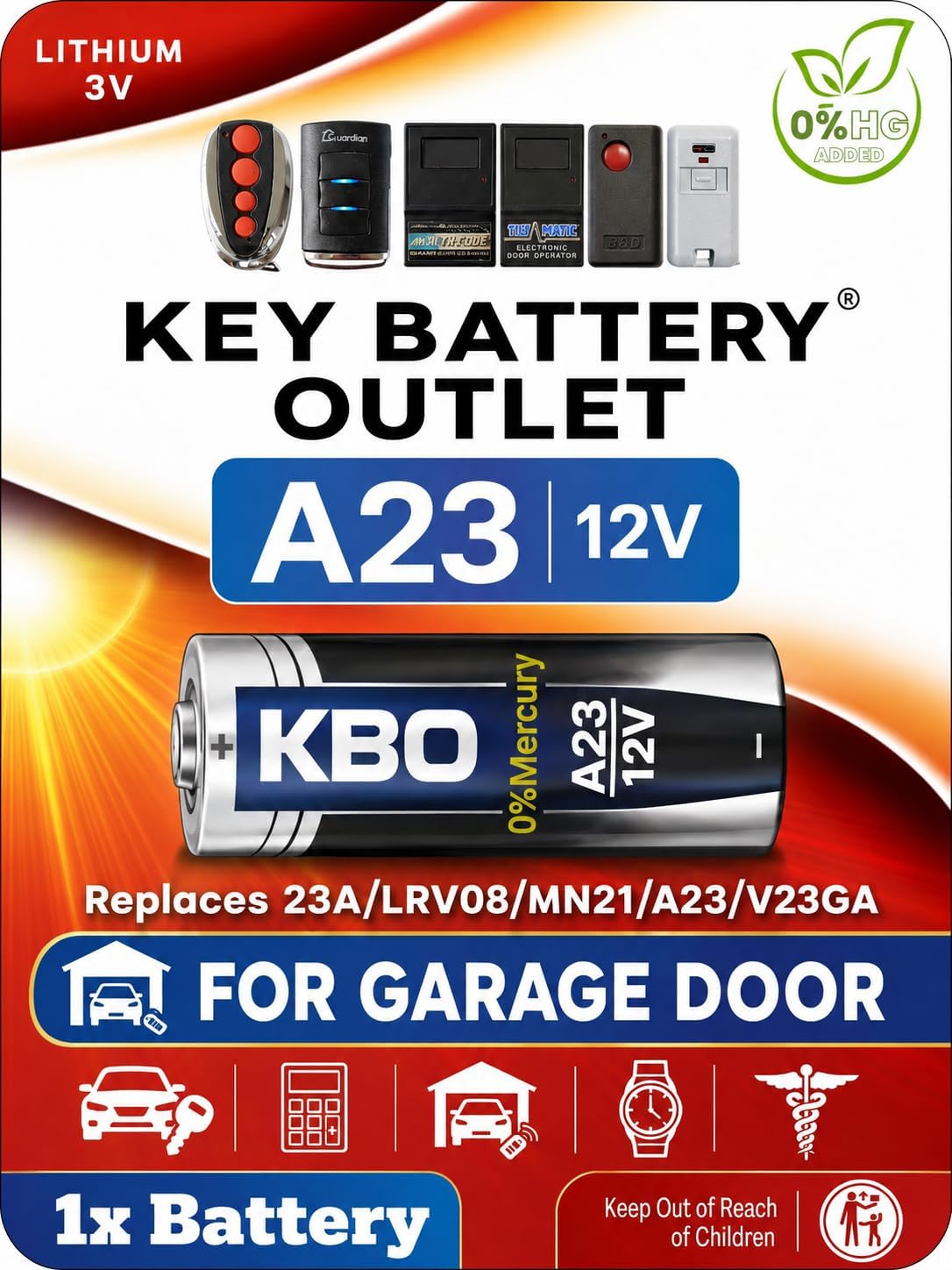 Garage Door Opener Battery - Single A23 Alkaline - 12V High-Stability Garage Door Opener Power Replacement for Major Remotes, Keypads, Sensors