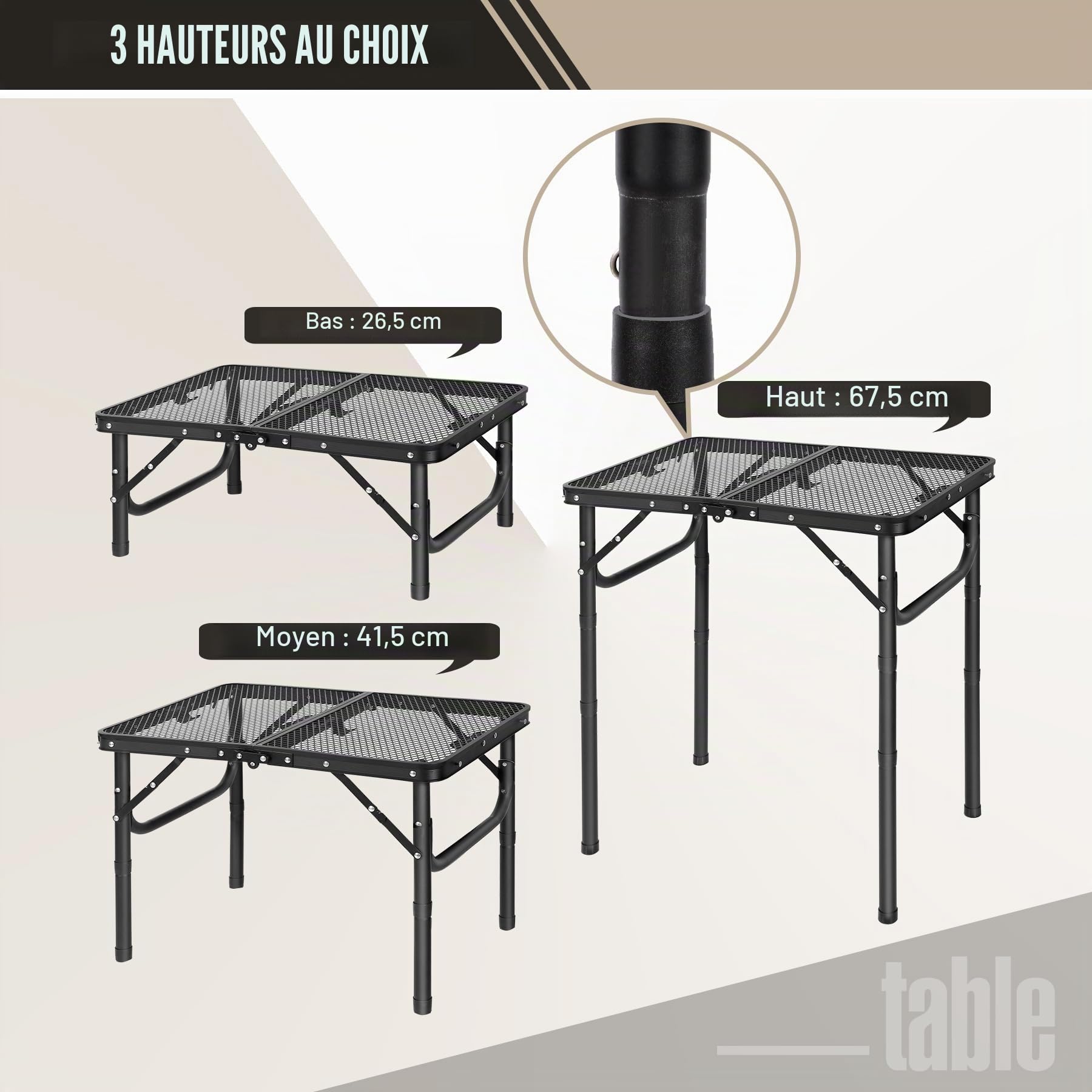 REDCAMP 60 x 40 cm Table de Camping Pliable,Table de Barbecue Pliable Portable avec Bureau, pour Camping, Cuisine, Barbecue, Pique-Nique, Facile à Monter avec Pieds réglables en Hauteur, Noir