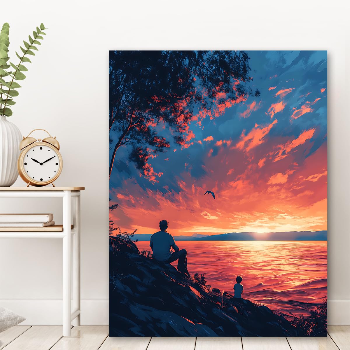 Pianta murale Sunset Coastal View Tela Stampa fotografica su tela Padre e Figlio Opere d'arte Decorazioni murali per la Festa del Papà per Casa Sala da pranzo Nursery 50x70cm Struttura interna
