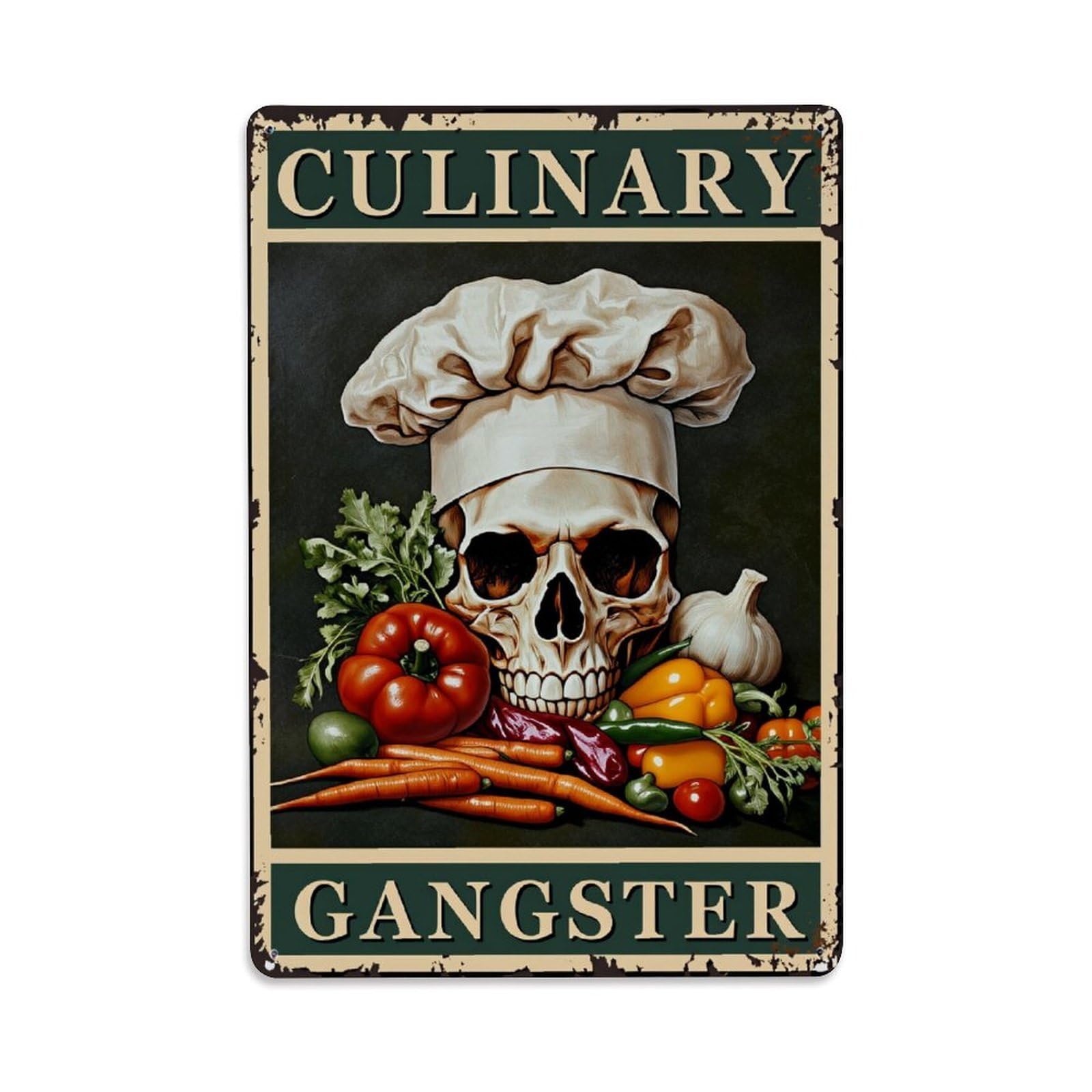 Enderetf Vintage Skull Chef Vegetables Dark Background Tin Sign Metal Poster, Home Bar Garage Man Cave Cafe Indoor & Outdoor Wall Decoration 8X12inches