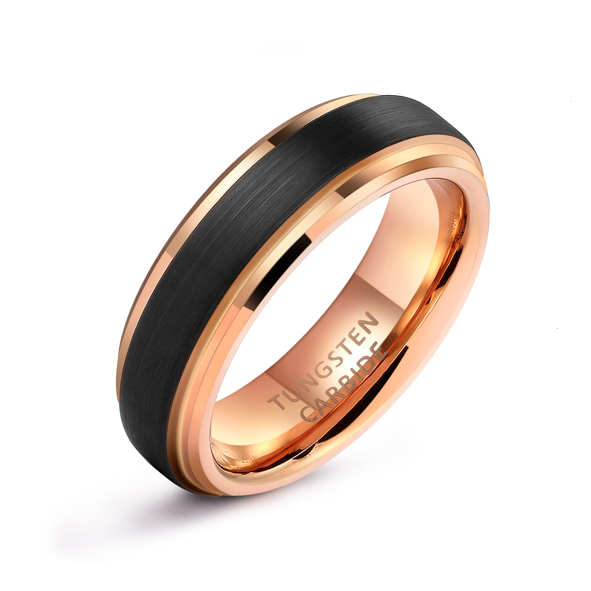 LerchPhi 4MM 6MM 8MM Custom Tungsten Carbide Ring, Custom Engraved Promise Wedding Ring, 18K Rose Gold Stepped Edge with Black Matte Satin Finish