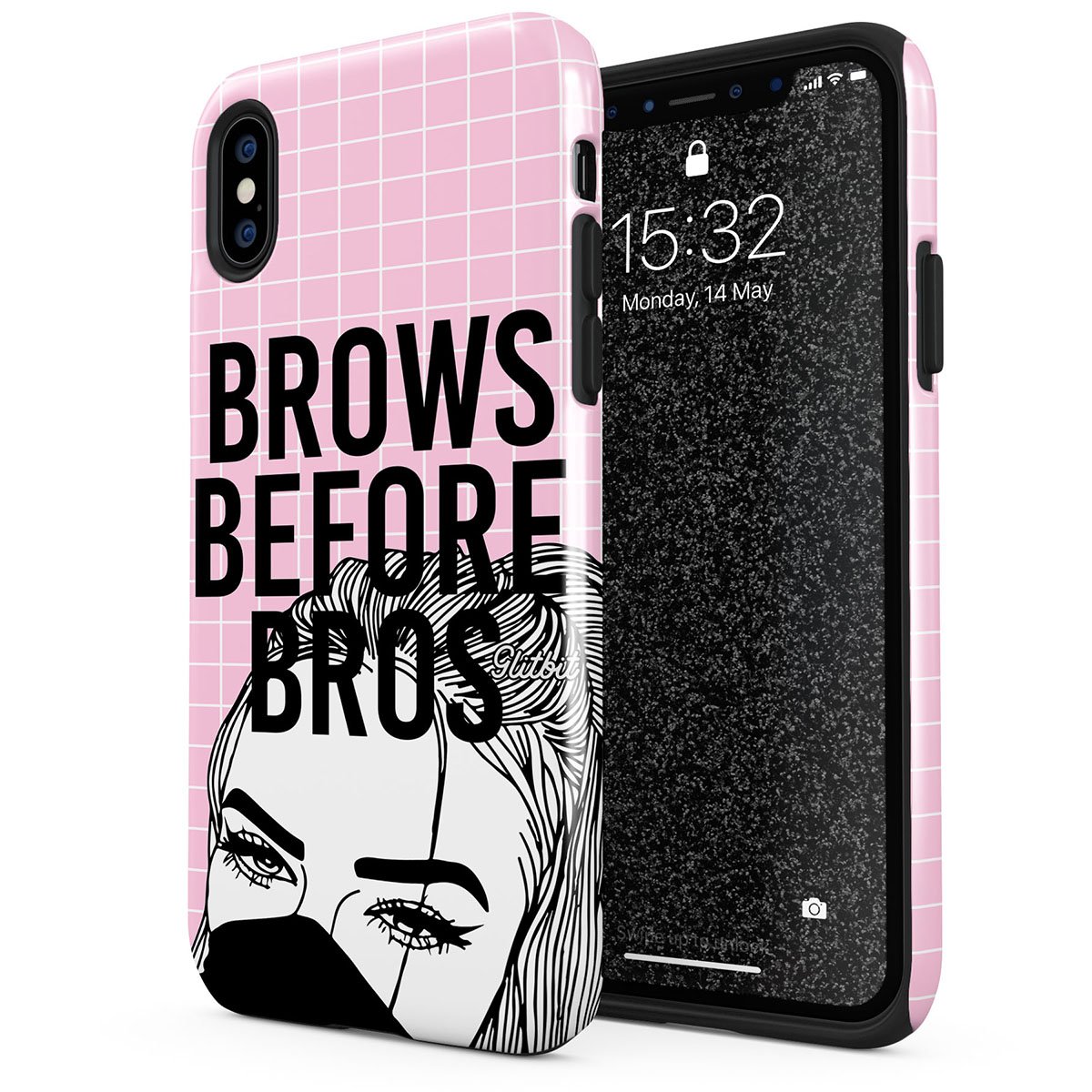 Compatible with iPhone X iPhone Xs Case Glamourholic Brows Before Bros Makeup Junkie Artist Sassy Slay Girl for Girls Quotes MUA Shockproof Dual Layer Hard Shell + Silicone Protective Cover