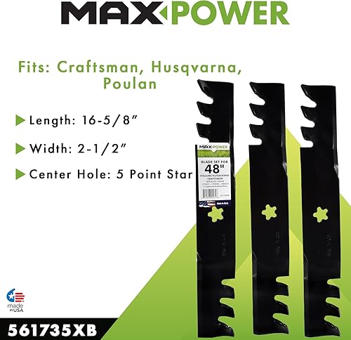 Miniatura 4 de Maxpower 561735XB Juego de mantillo comercial de 3 cuchillas para artesano de corte de 48 pulgadas, Husqvarna, Poulan, reemplaza al OEM no. 173921,