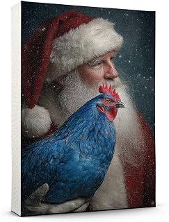 Santa Claus Christmas Art Print, Chicken Blue Young Brahma Hen Poster Holiday Winter Wall Decor, Winter Xmas Vintage Wall Art, Holiday Décor