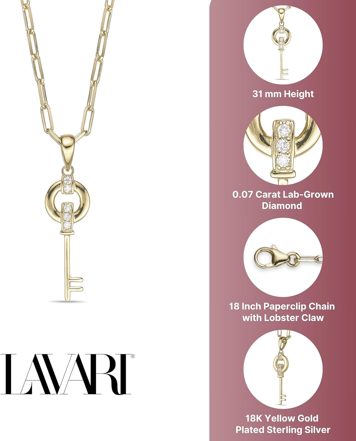 Lavari Jewelers 1/10 Carat Lab Grown Diamond Key Pendant for Women I 18k Yellow Gold Plated 925 Sterling Silver Pendant Necklace for Her I 18 Inch Paperclip Link Chain with Lobster Claw Clasp - Image 6