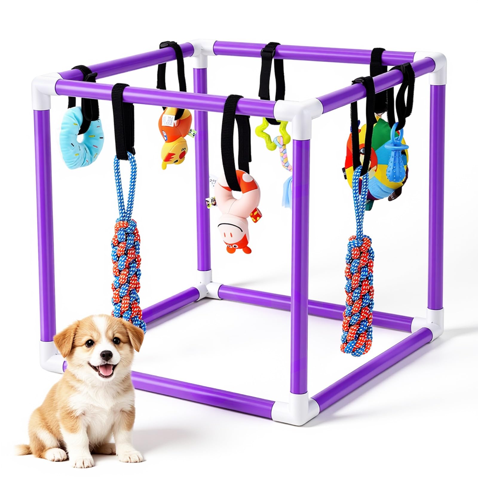 Puppy Play Gym with 8 Hanging Toys, Adjustable PVC Frame Small Dogs Enrichment Interactive Toys, Interactive Puppy Enrichment Toys with Squeaky & Chew Toys Bungee Straps, for Puppies & Kittens Purple