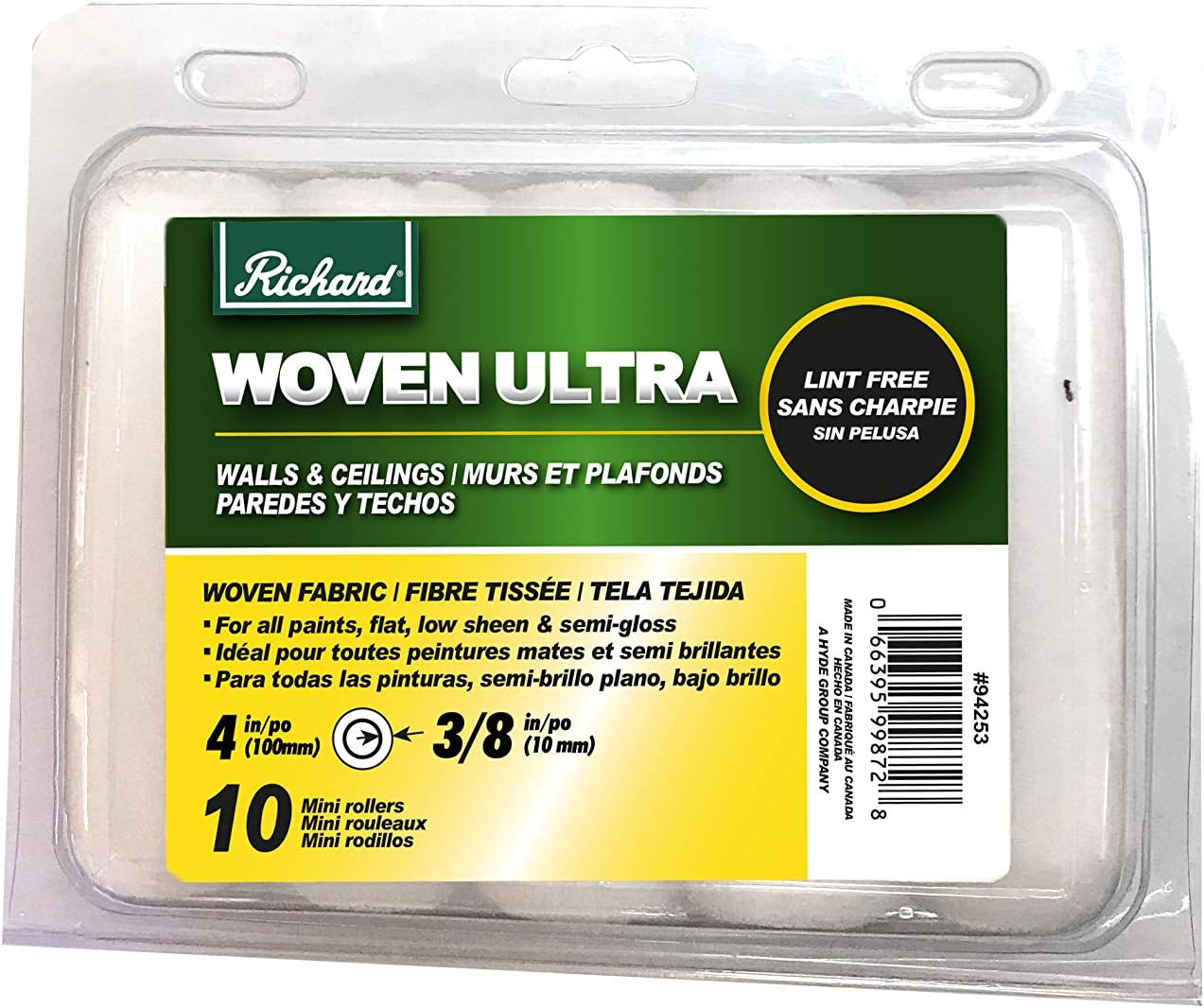 Richard 94253 4" Lint Free Roller Cover 3/8" Pile, 3/4" Core, 10 Pack