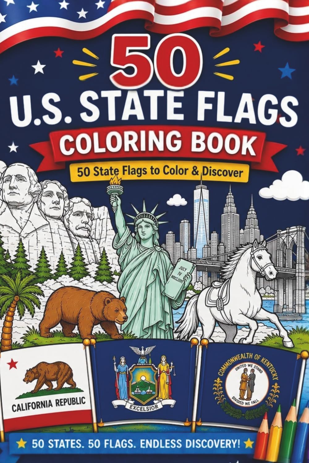 50 States Coloring Book: Color the Flags, Landmarks, Symbols, Animals, and Icons of All 50 U.S. States While Exploring American Geography, History, and Culture (Cute Flags)