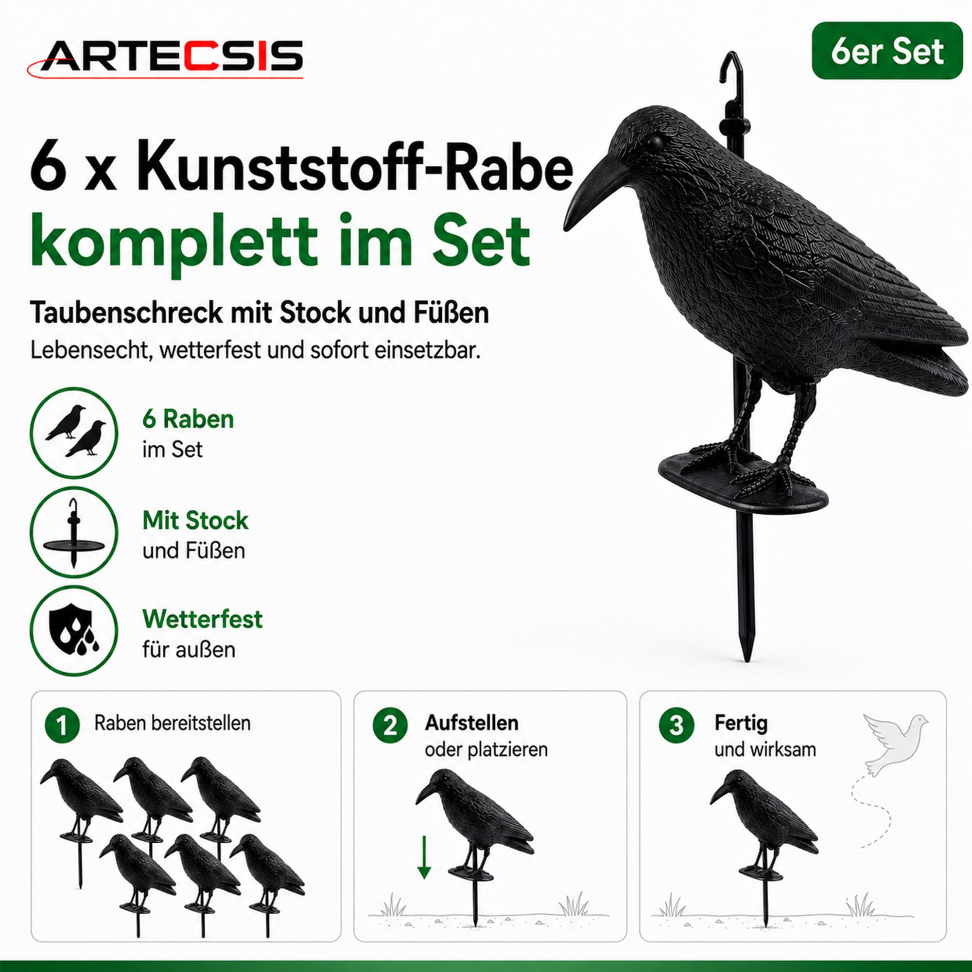 ARTECSIS® Set da 6 corvo finto in plastica anti piccioni e uccelli (38x13x12 cm) - sagoma di corvo resistente alle intemperie per balcone e giardino - spaventapasseri realistico per allontanare