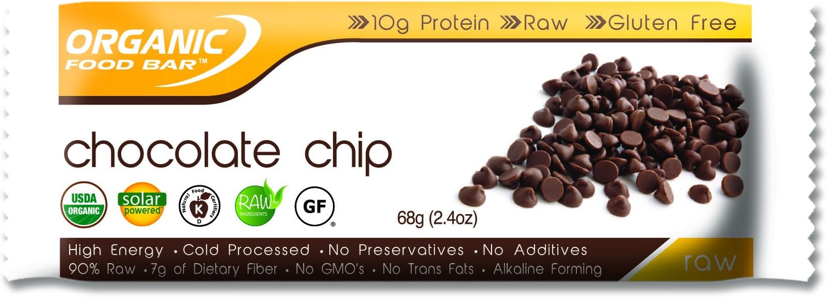 Organic Food Bar - Chocolate Chip, Certfied Organic Vegan Protein Bars , 2.4 oz(pack of 12)