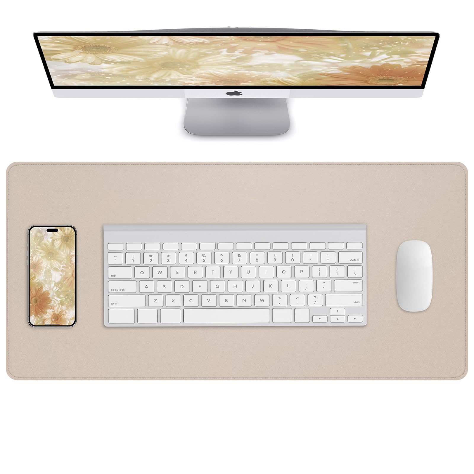 Non-Slip Desk Pad, Large Mouse Pad, Waterproof PU Leather Desk Blotter Mat, Beige,24" x 14"