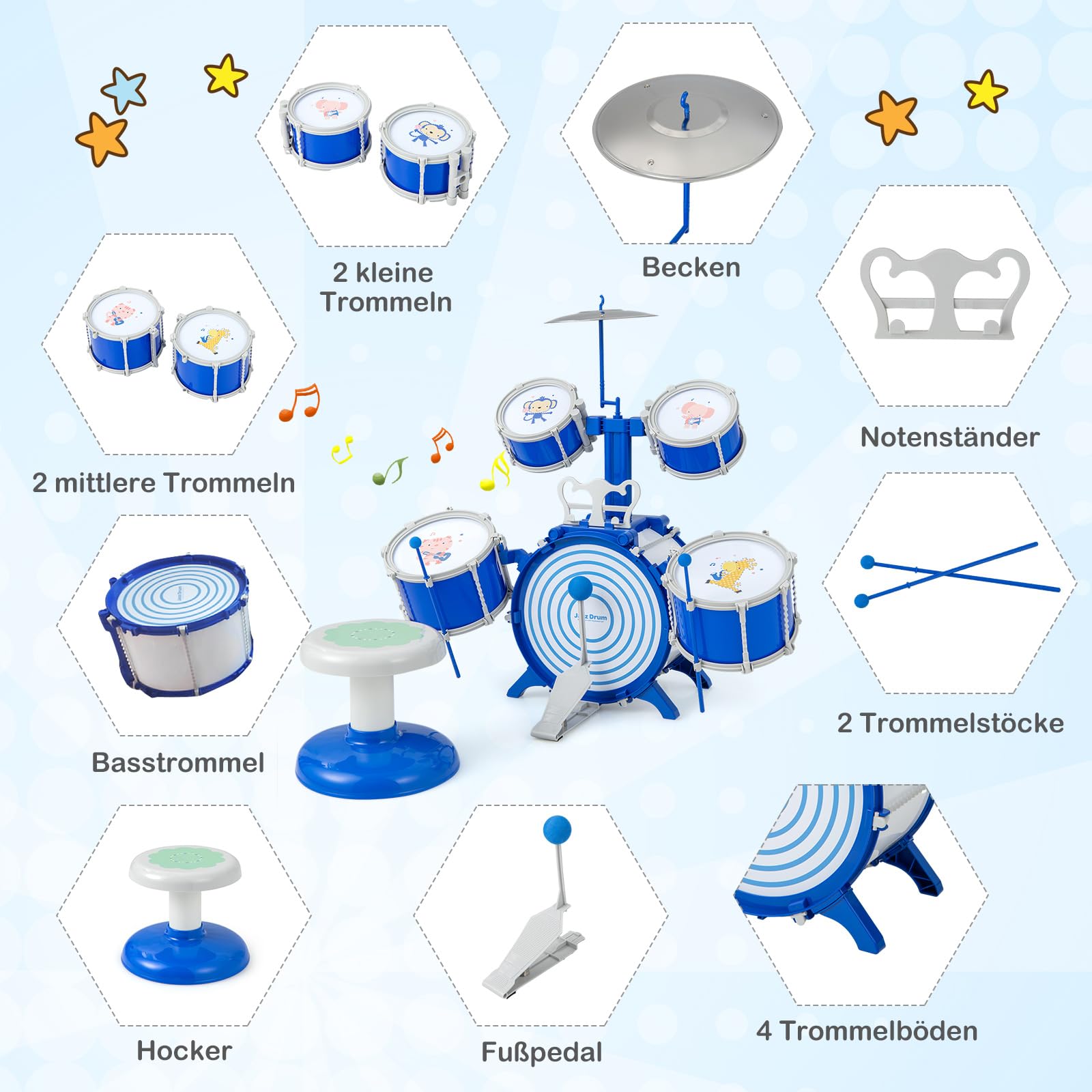 COSTWAY Kinder Schlagzeug Set, Trommel Set mit Hocker, Notenständer & Fußpedal, Schlaginstrument Drum Set für Kinder ab 3 Jahren