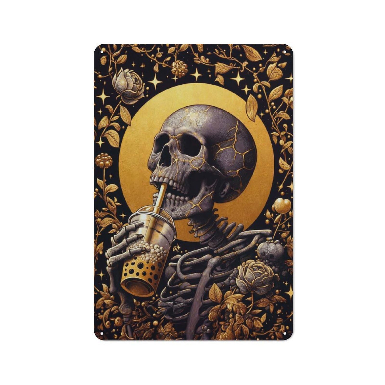 Junmoney Skeleton Loves Bubble Tea Tin Wall Plaque 30X20cm With For Man Cave Or Games Room, For Garage, Workshop And Man Cave Decoration