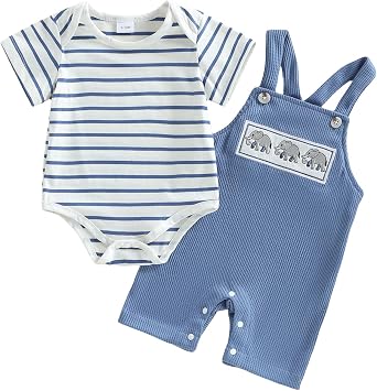 Kavousa Newborn Baby Boy Summer Clothes Short Sleeve Romper Jumpsuit and Overall Shorts Set 2 Piece Outfit